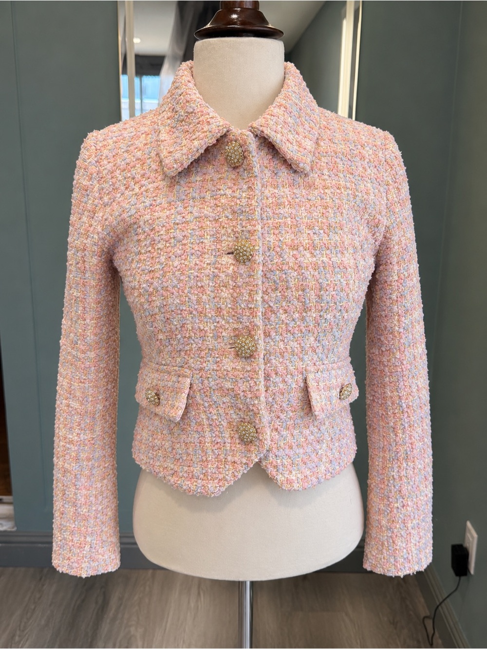 Pink Rose Gold Shimmer Bouclé Cropped Jacket XS